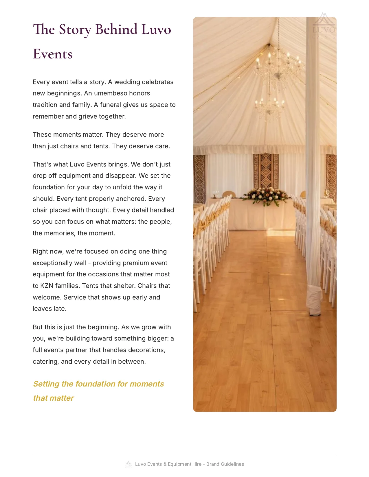 Luvo Events brand guidelines, the story and positioning
